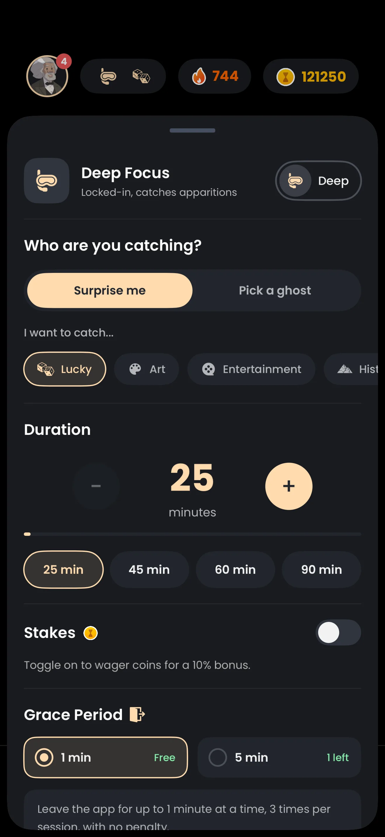 The Who are you catching sheet in the Catch the Ghost app, with Surprise me selected above a row of category pills starting with Lucky, Art and Entertainment, and the Duration stepper below.