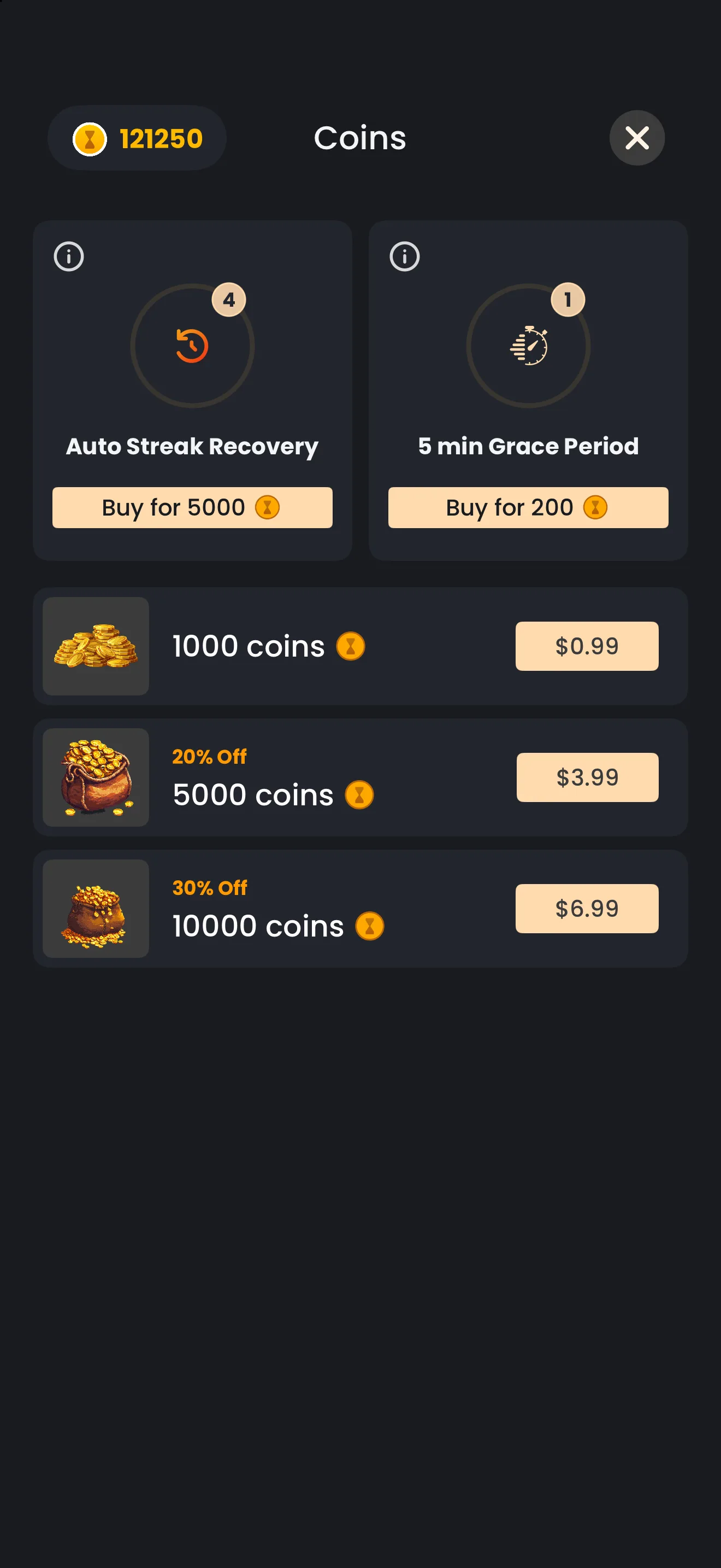 The in-app Coins page on iPhone, with a balance of 121250, Auto Streak Recovery and 5 min Grace Period cards, and three coin packs: 1000 coins, 5000 coins at 20% off and 10000 coins at 30% off.