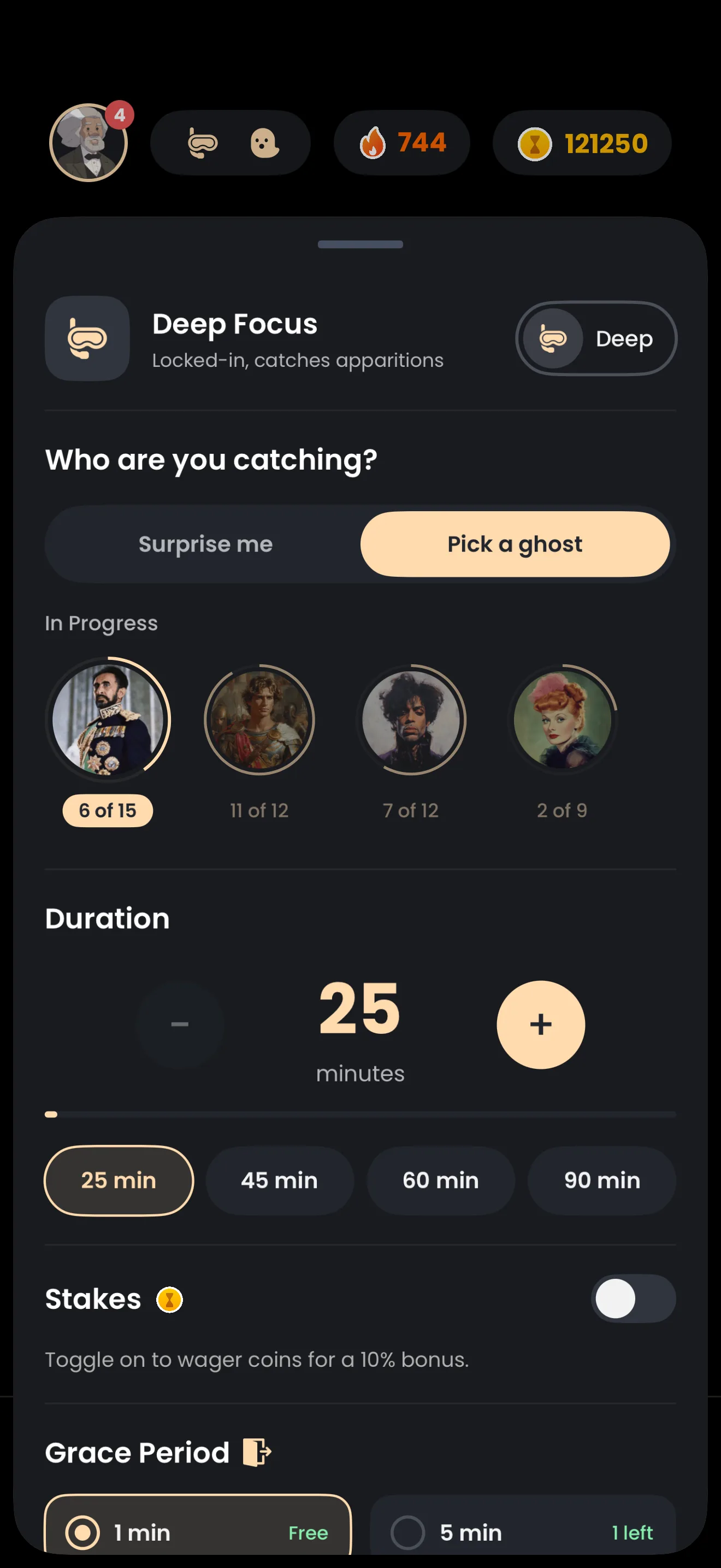 The Deep Focus setup sheet in the Catch the Ghost app: Pick a ghost selected above four In Progress ghosts labelled 6 of 15, 11 of 12, 7 of 12 and 2 of 9, a 25-minute duration with presets up to 90, and a Stakes switch.