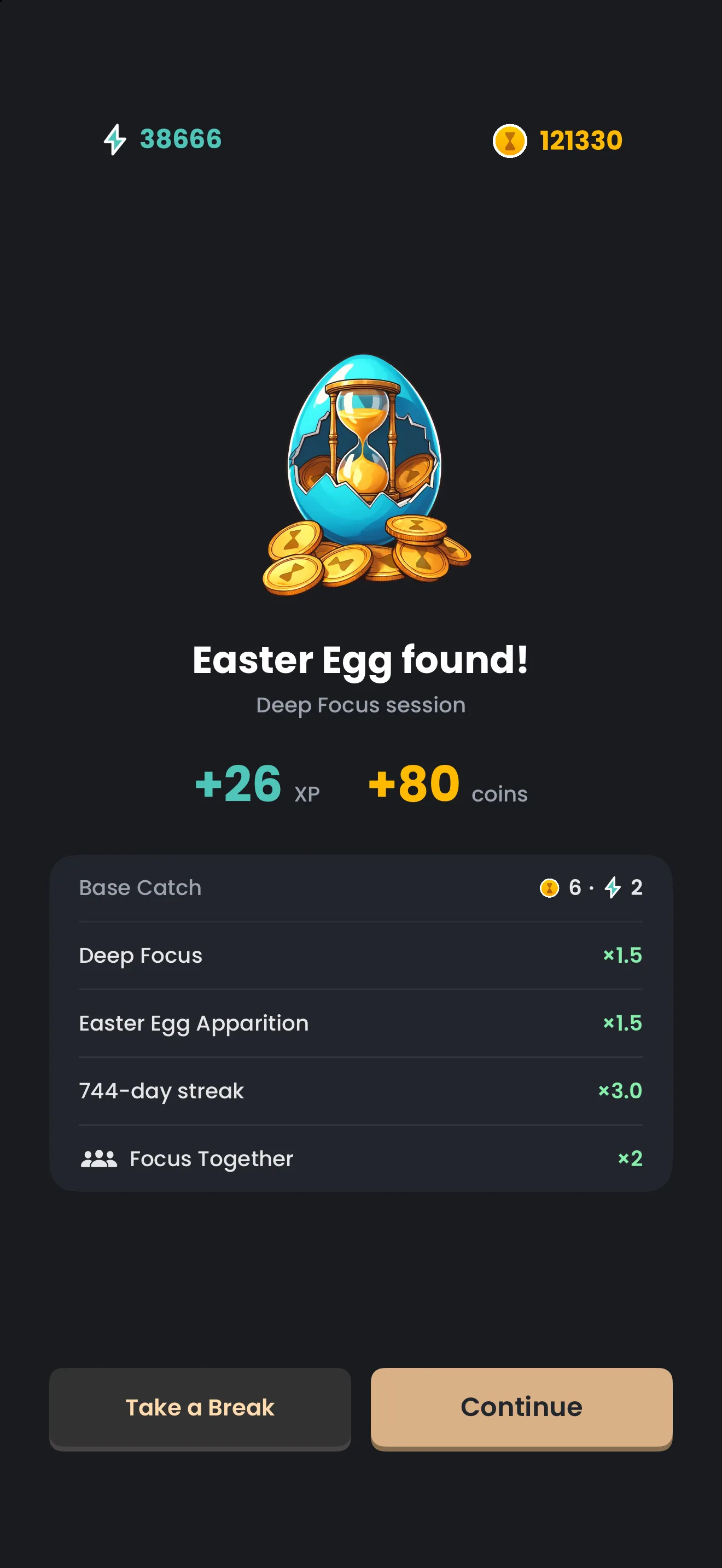 The rewards screen after a Focus Together session: +26 XP and +80 coins, with a breakdown that ends in a green Focus Together x2 row below a 744-day streak x3.0 row.