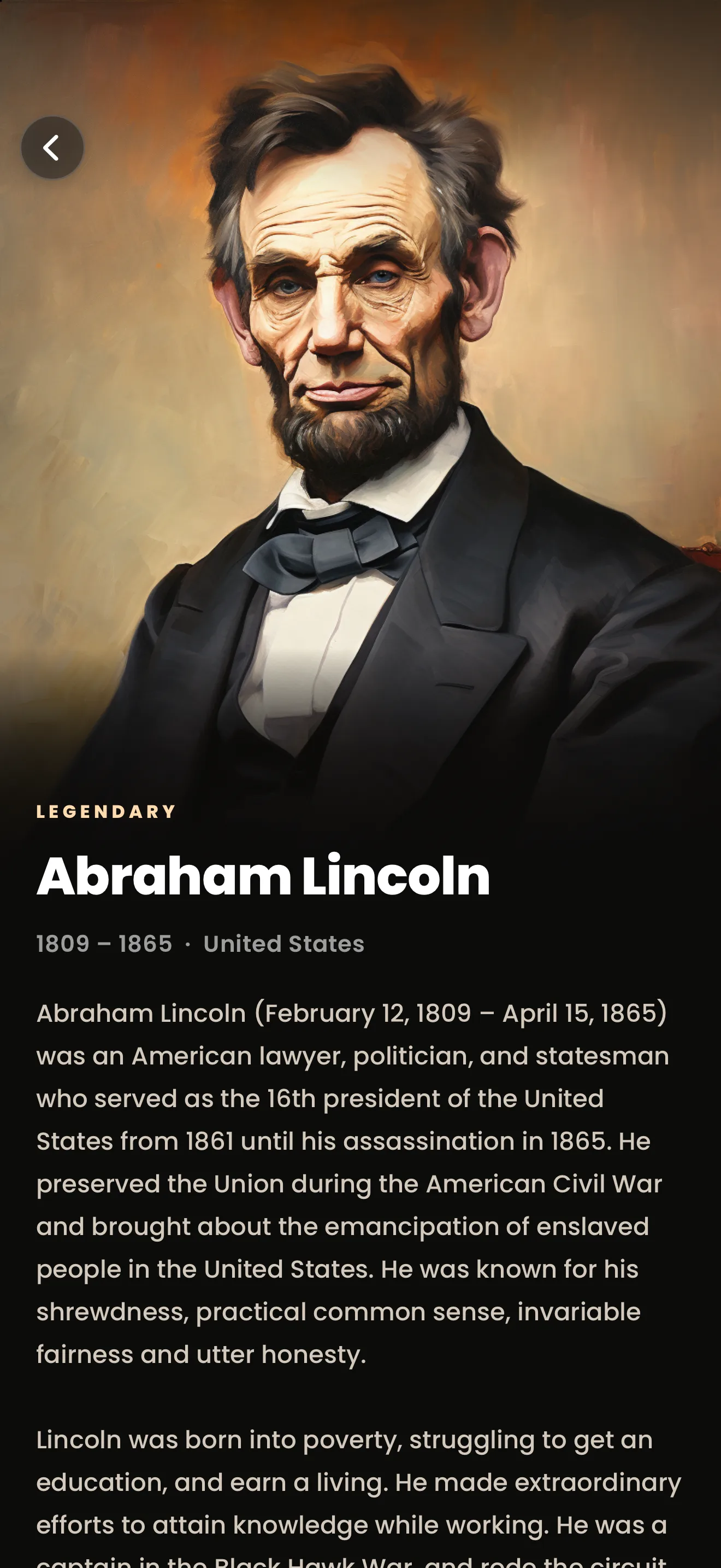 The Abraham Lincoln ghost page: a painted portrait filling the top half, the gold label Legendary, his name with 1809 to 1865 and United States, and the start of his biography.