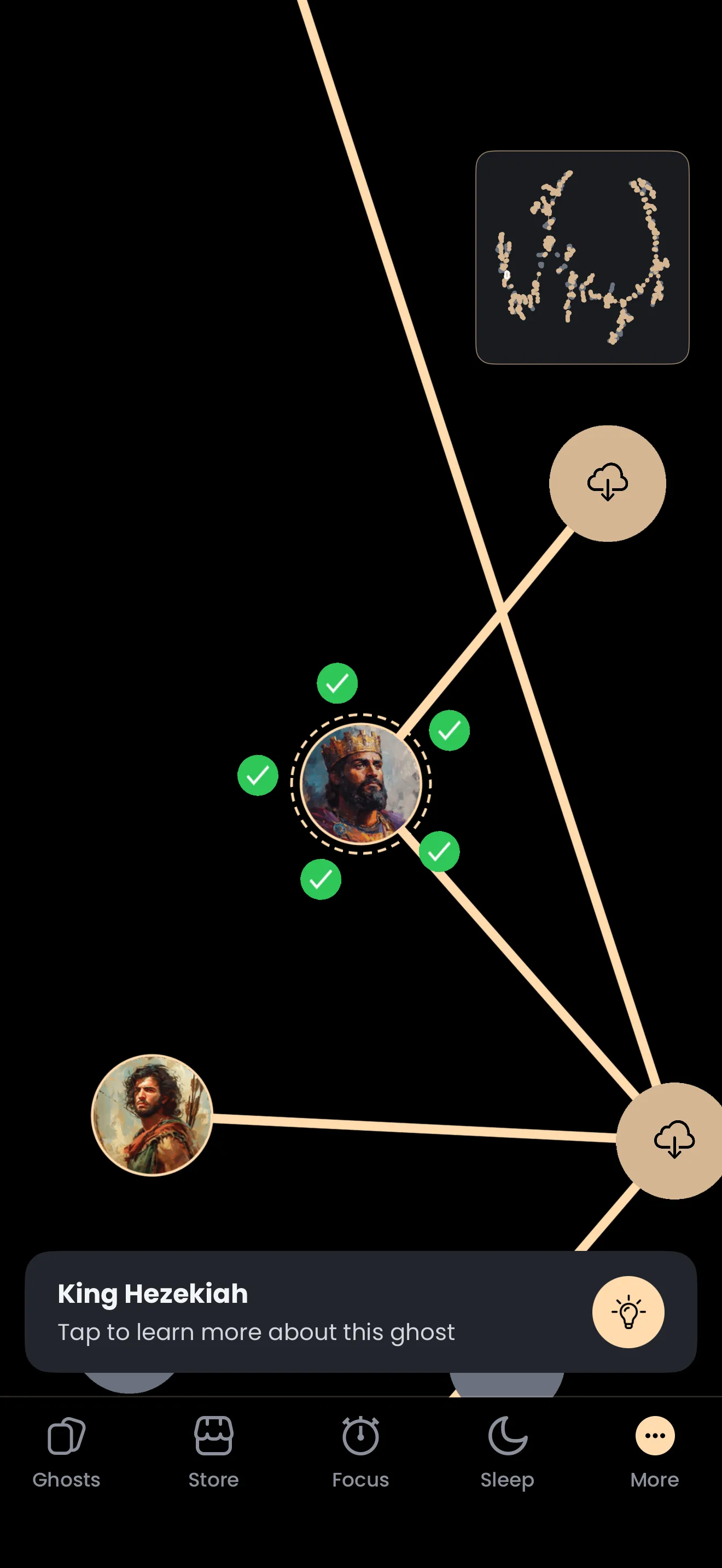 The Ghost Universe in the Catch the Ghost app, zoomed on King Hezekiah with gold links to neighbouring figures, and the mini-map of the whole graph expanded in the top right corner.
