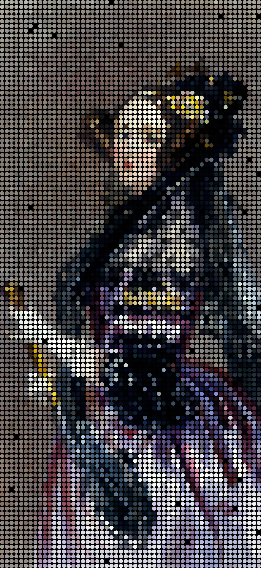 A portrait of a woman in a violet gown and black lace, revealed as a grid of dots that fill in pixel by pixel during a 25-minute focus session on iPhone.