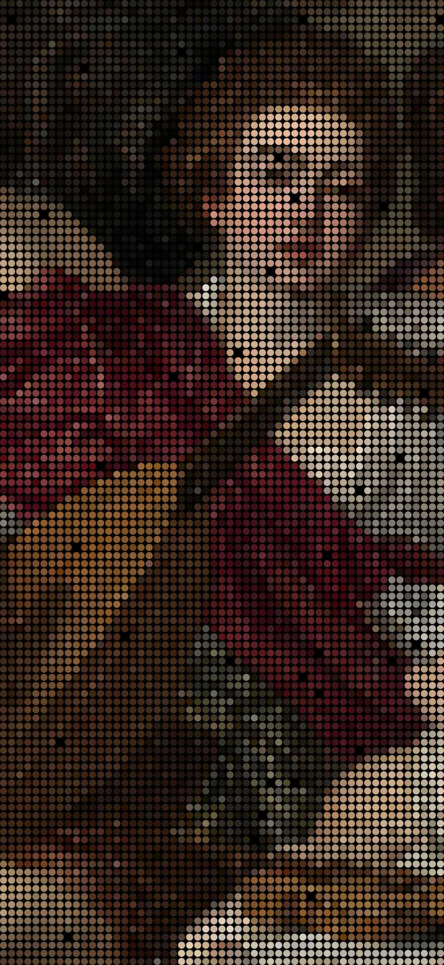 A painting of a young lutenist in a crimson robe, filling in dot by dot during a 25-minute Deep Focus session.