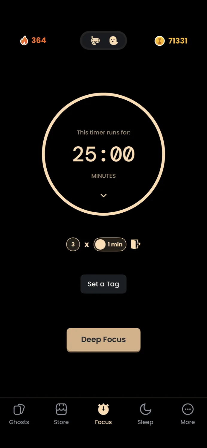 A 25-minute Deep Focus timer in the Catch the Ghost app, with a running 364-day streak and mood indicator at the top.
