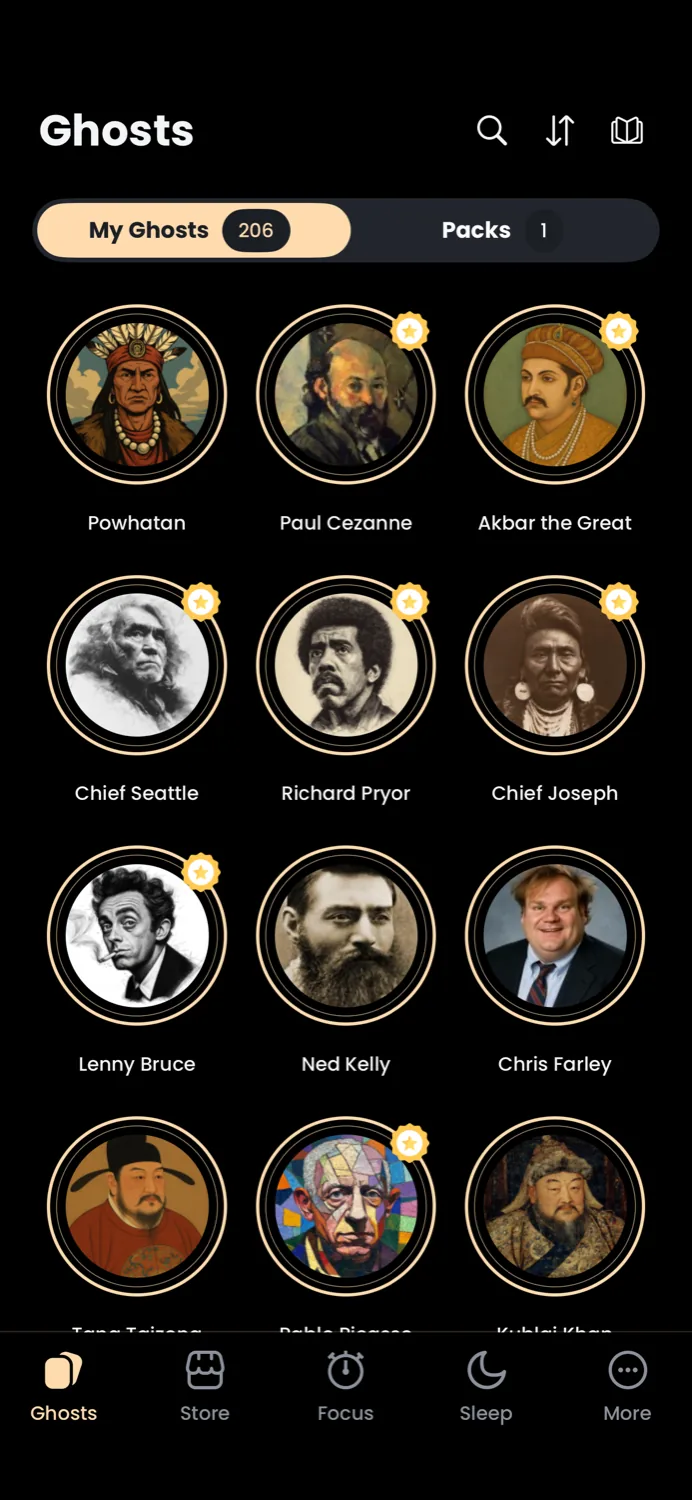 The Ghosts tab on iPhone, showing a grid of 206 historical figures caught so far, including Powhatan, Paul Cezanne, and Akbar the Great.