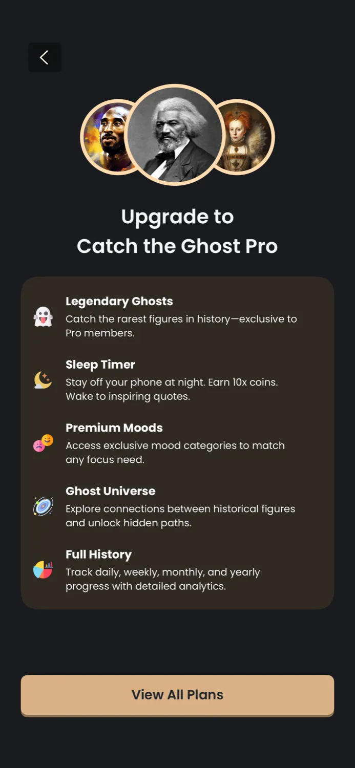 The Upgrade to Catch the Ghost Pro screen on iPhone, listing Legendary Ghosts, Sleep Timer, Premium Moods, Ghost Universe, and Full History.
