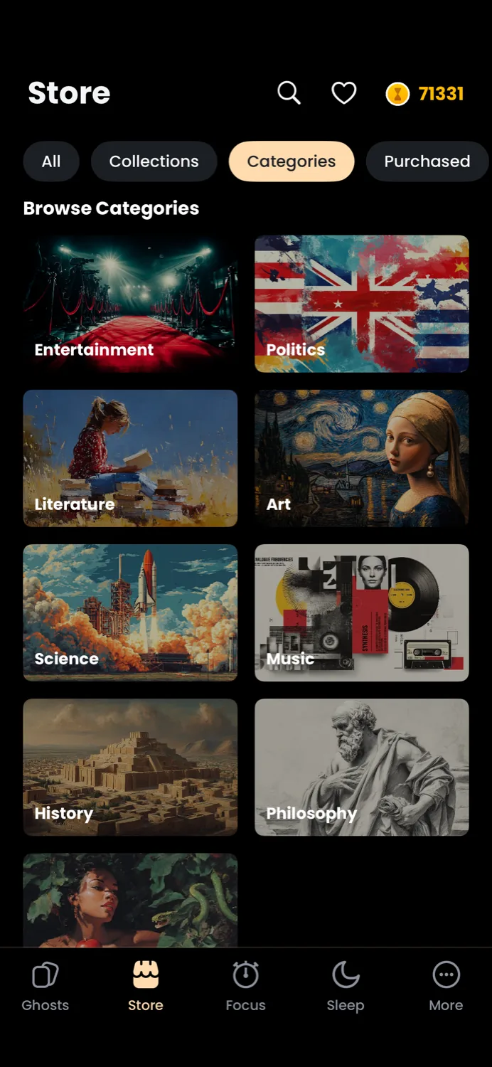 The Store Categories tab on iPhone, browsing themed ghost packs across Entertainment, Politics, Literature, Art, Science, Music, History, and Philosophy.