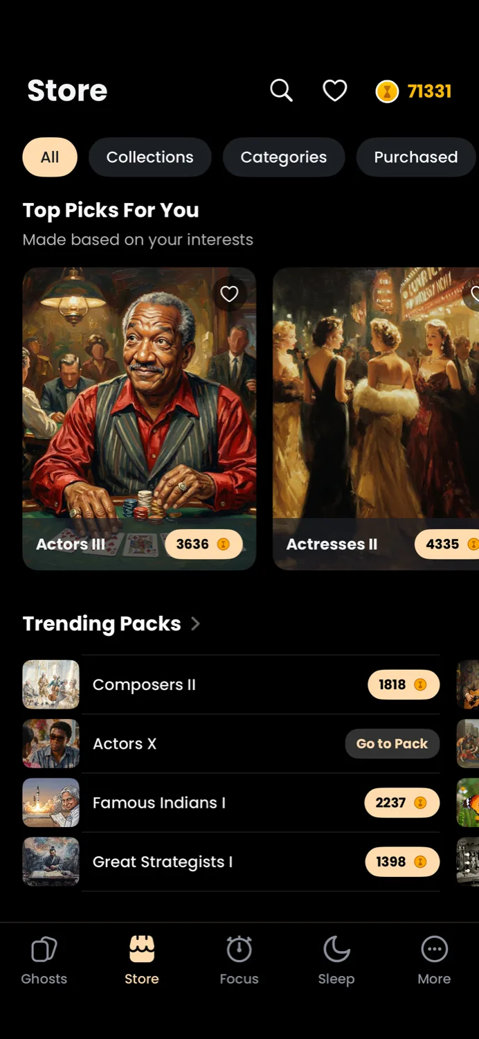 The in-app Store showing Top Picks For You and Trending Packs like Composers II, Actors X, and Famous Indians I.