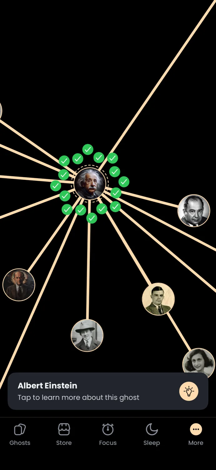 The Ghost Universe graph on iPhone, centered on Albert Einstein with connecting lines to adjacent historical figures.