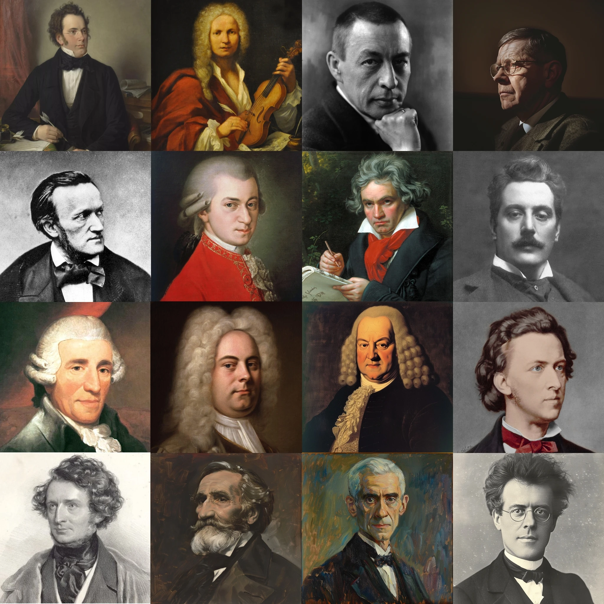 A 4x4 grid of 16 classical composer ghosts on Catch the Ghost.