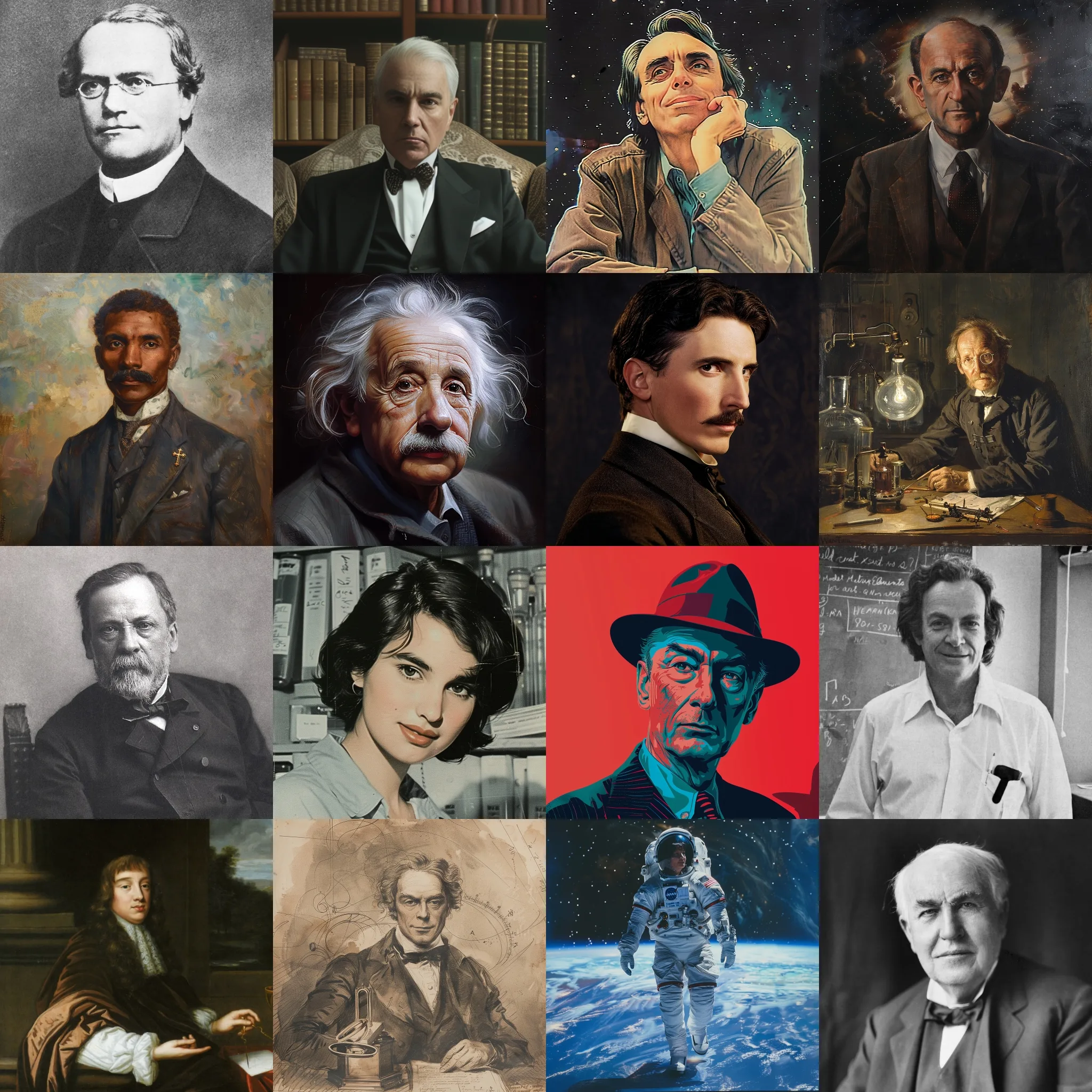 A grid of 16 famous scientist ghosts from Catch the Ghost.