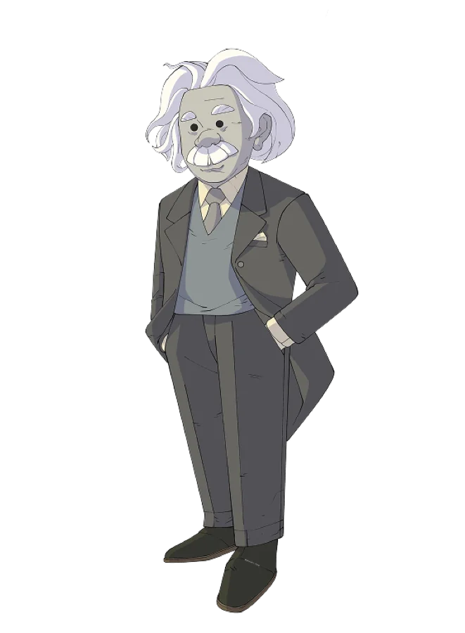 Albert Einstein, a catchable ghost in the Contemporary era: the physicist in a grey suit, hands in pockets.