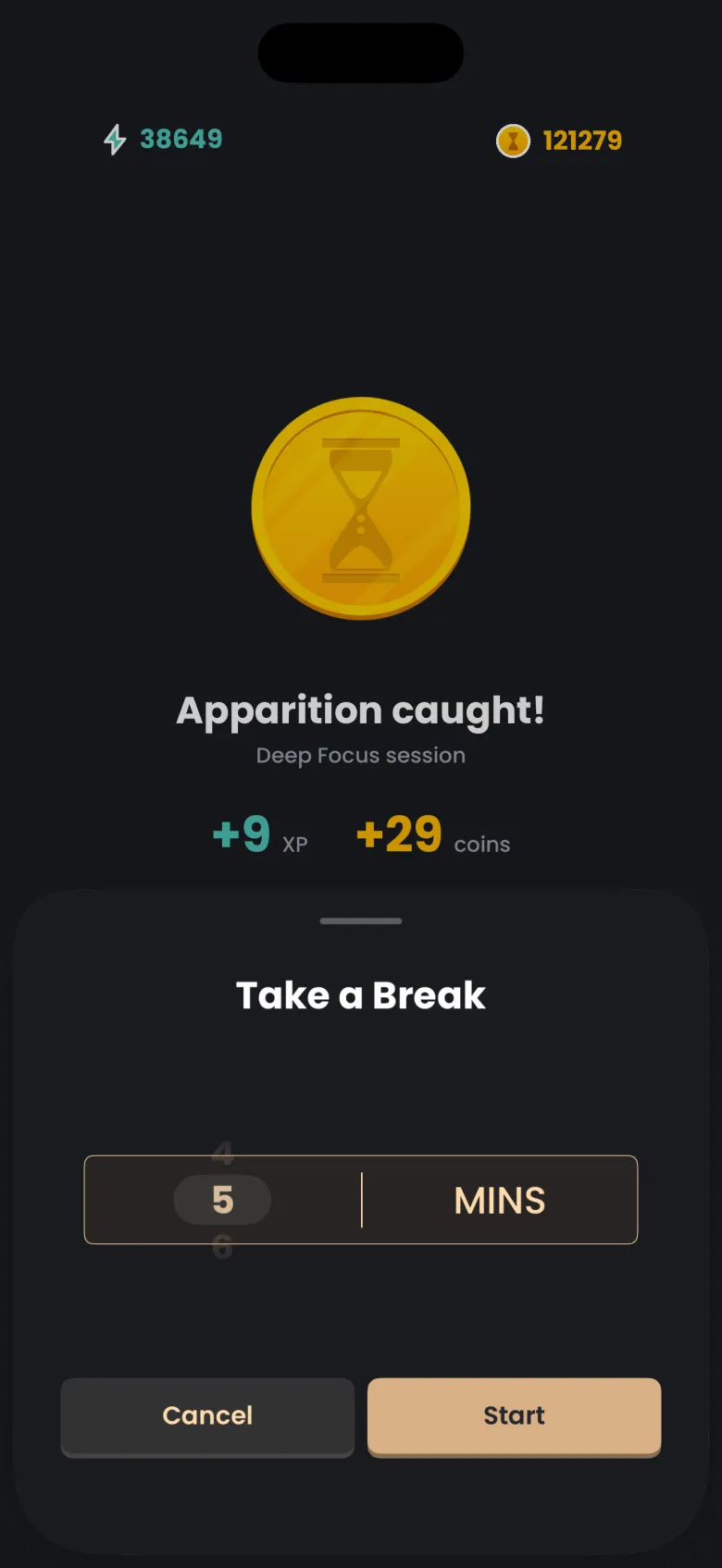 The Take a Break sheet over the Apparition caught screen, with a minutes wheel set to 5 and Cancel and Start buttons.