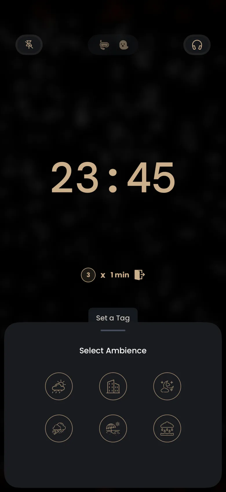 The Select Ambience sheet over a running timer, with six round outlined icons for rain, a city cafe, a night forest, a thunderstorm, a sunrise beach and rain on the beach.