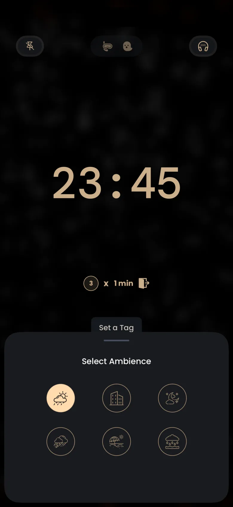 The Select Ambience sheet over a running 23:45 timer with the first sound icon filled in gold and five other icons outlined.