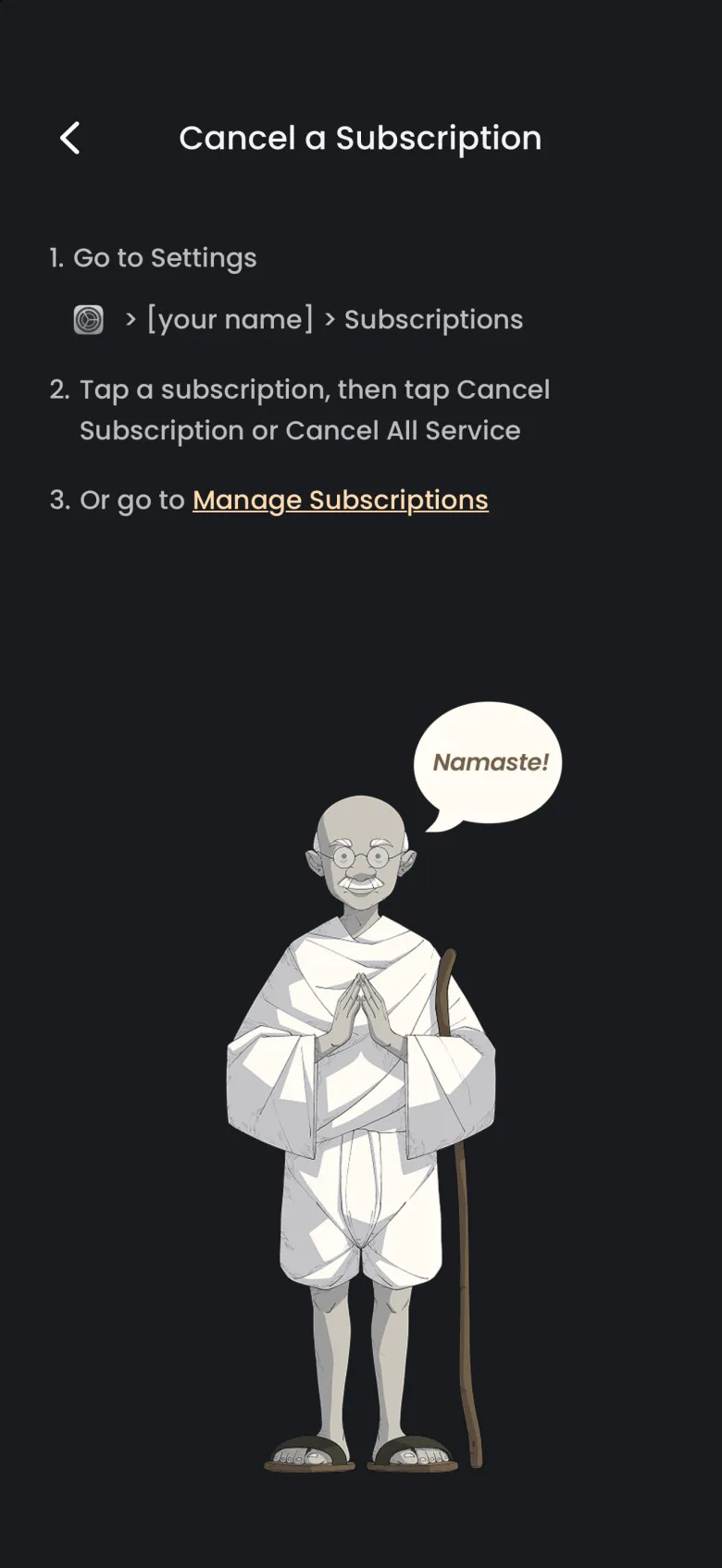 Cancel a Subscription screen with three numbered steps for cancelling in iOS Settings, a Manage Subscriptions link, and an illustrated guide in white robes with a speech bubble saying Namaste.