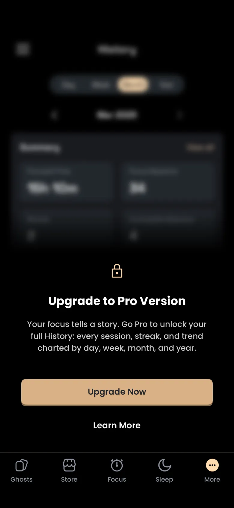 History screen locked behind an Upgrade to Pro Version message explaining that Pro charts every session, streak and trend by day, week, month and year, with Upgrade Now and Learn More buttons over a blurred summary.