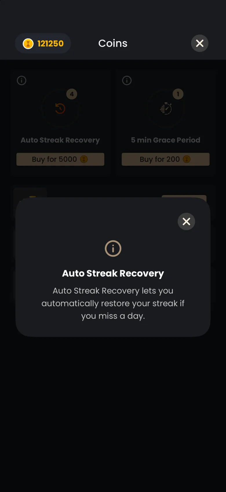 Info card titled Auto Streak Recovery over the dimmed Coins page, explaining it lets you automatically restore your streak if you miss a day.