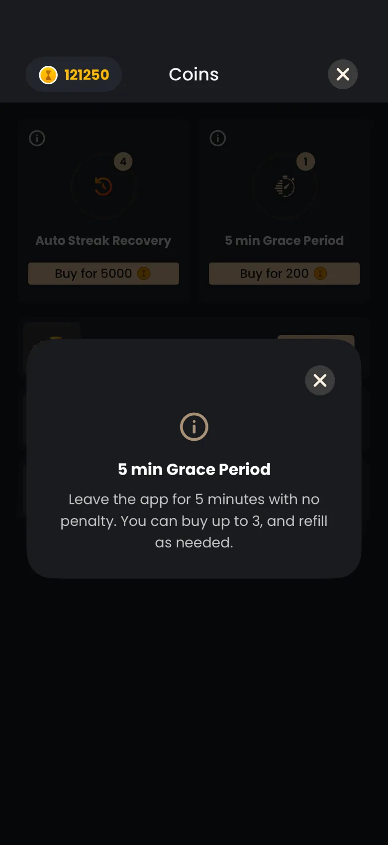 Info card titled 5 min Grace Period over the dimmed Coins page, explaining you can leave the app for 5 minutes with no penalty, buy up to 3 and refill as needed.