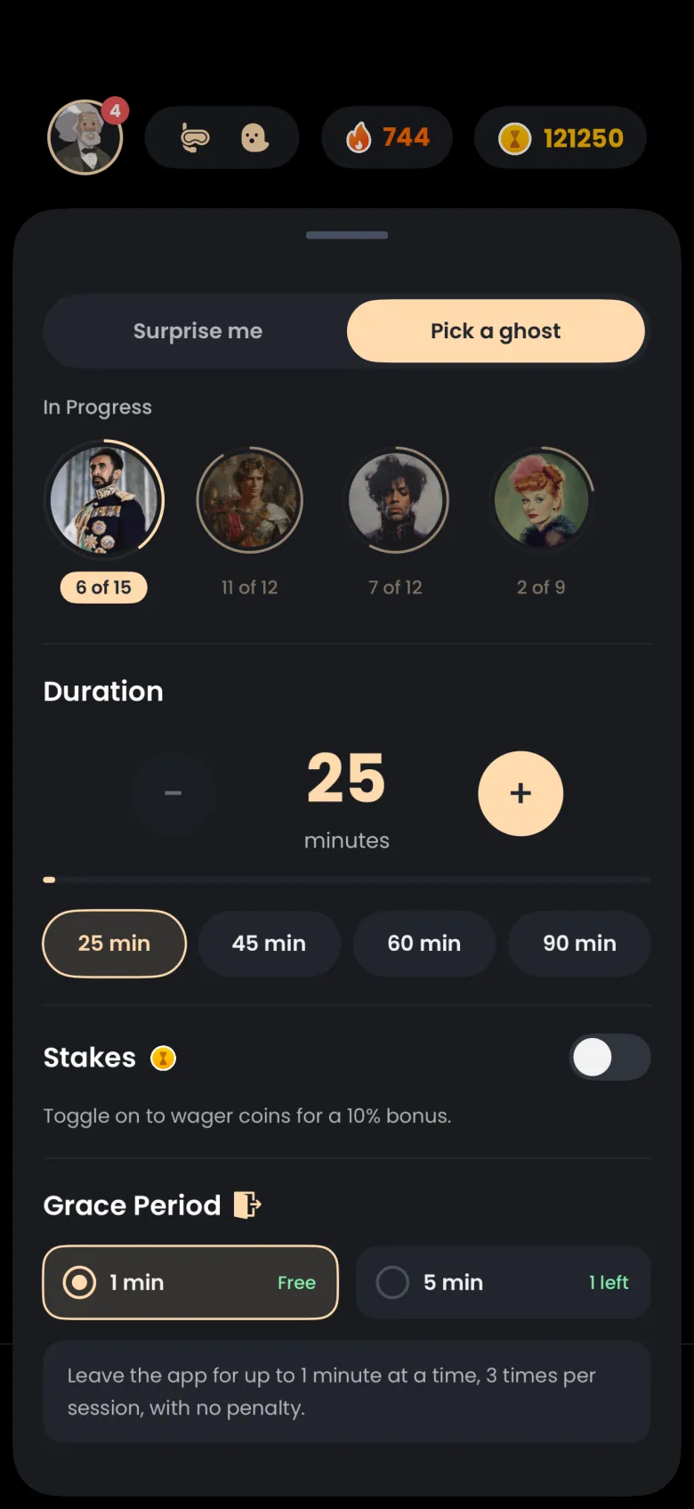 The settings sheet scrolled to Grace Period, with 1 min marked Free and selected, 5 min showing 1 left, and a note that you can leave the app for up to 1 minute at a time, 3 times per session.