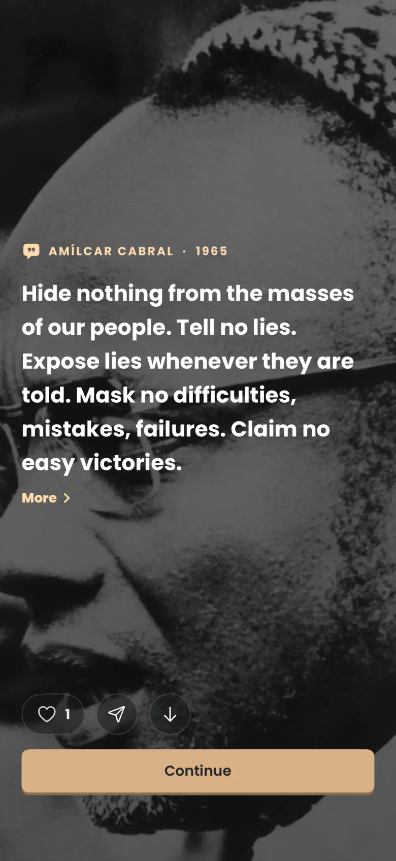 A black and white photograph of a man in glasses with a quote over it, his name and a year in gold above the text, and a More link, a heart with a like count, share and download buttons and Continue below.