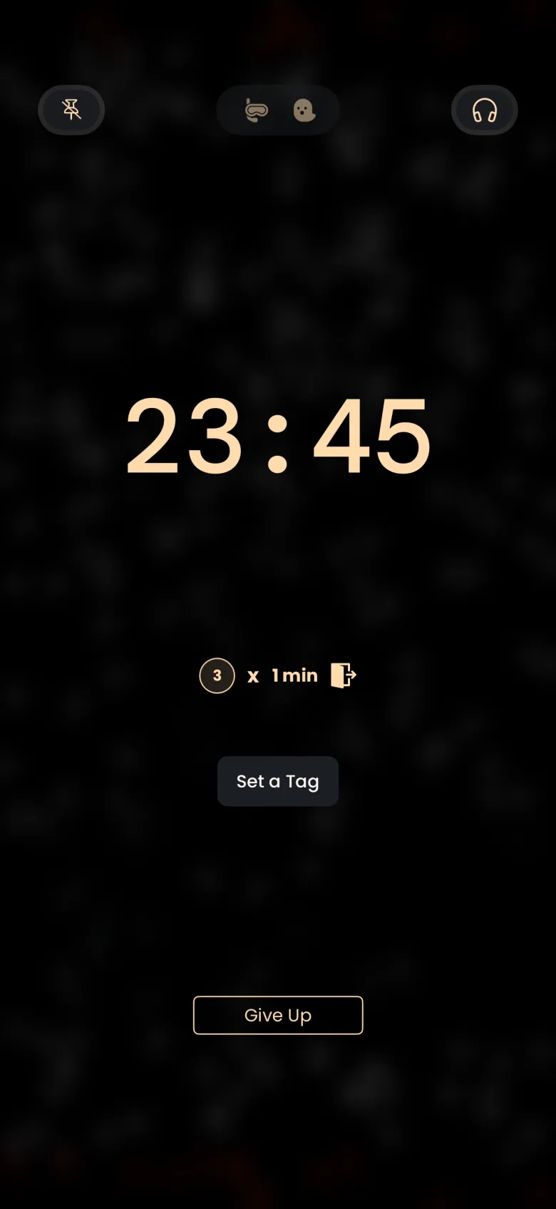 The running timer showing 23:45 over a blurred hourglass, with an exits badge reading 3 x 1 min, a Set a Tag button and an outlined end-session button near the bottom.