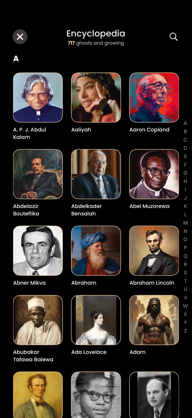 Encyclopedia screen subtitled with the live count of ghosts and growing, with section A showing square portraits of A. P. J. Abdul Kalam, Aaliyah, Aaron Copland, Abdelaziz Bouteflika and others, and an A to Z index on the right edge.