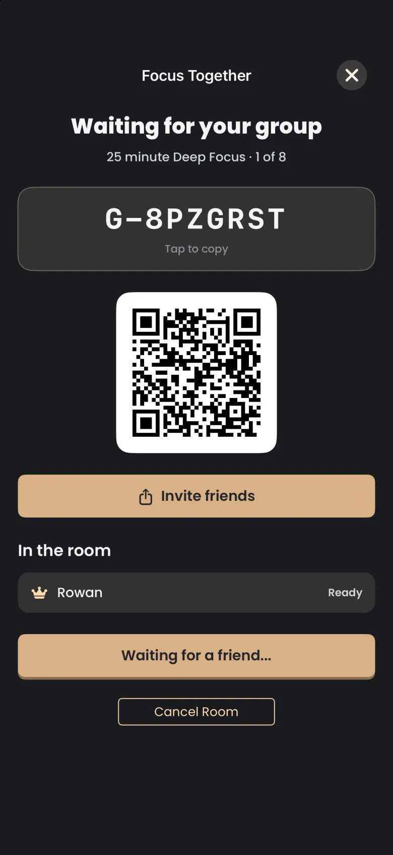 Focus Together lobby headed Waiting for your group, showing a 25 minute Deep Focus with 1 of 8 seats filled, a room code with Tap to copy, a QR code, an Invite friends button and you in the room marked Ready above a Waiting for a friend button and Cancel Room.