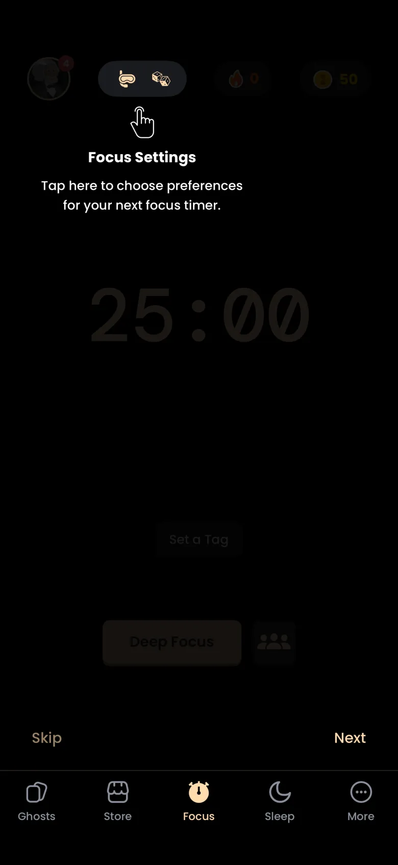 Focus tab dimmed except the focus settings pill at the top, with a hand pointer and the caption Focus Settings: Tap here to choose preferences for your next focus timer, plus Skip and Next buttons at the bottom.
