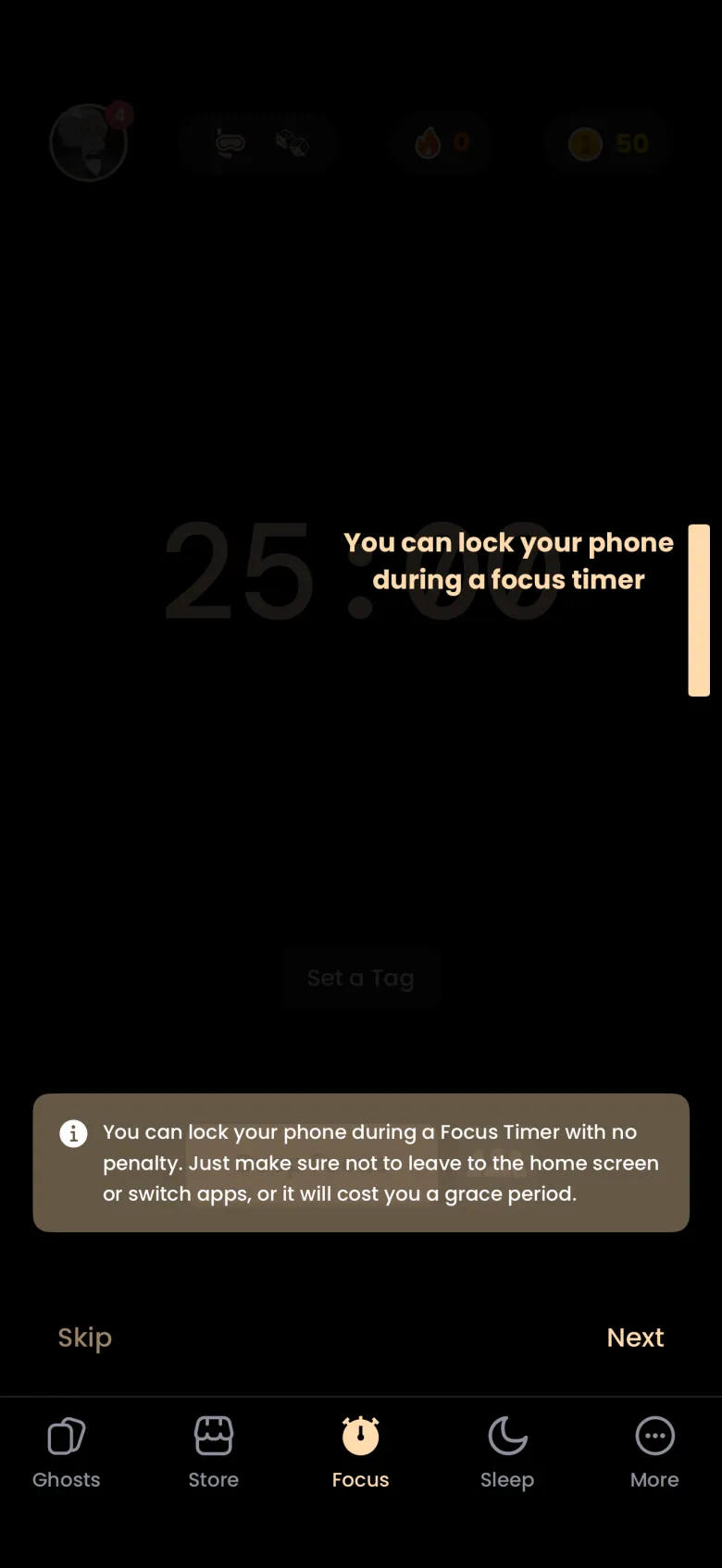 Dimmed Focus tab with the heading You can lock your phone during a focus timer beside a light bar at the right edge, and a brown banner saying locking is free but leaving to the home screen or switching apps costs a grace period.