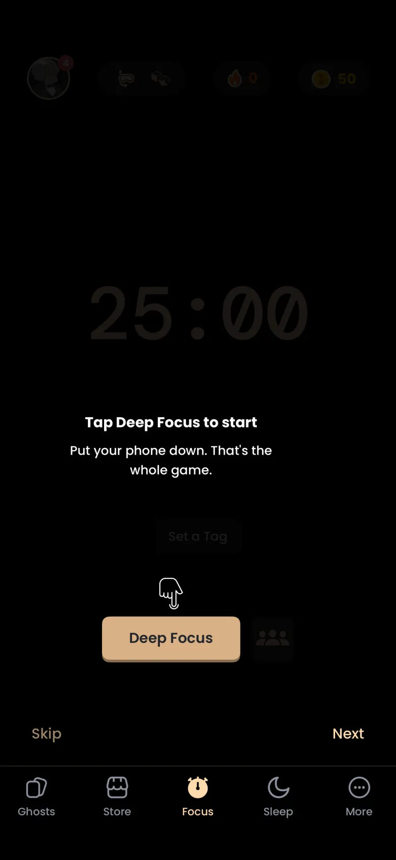 Dimmed Focus tab with a hand pointer above the Deep Focus button and the caption Tap Deep Focus to start: Put your phone down. That is the whole game.