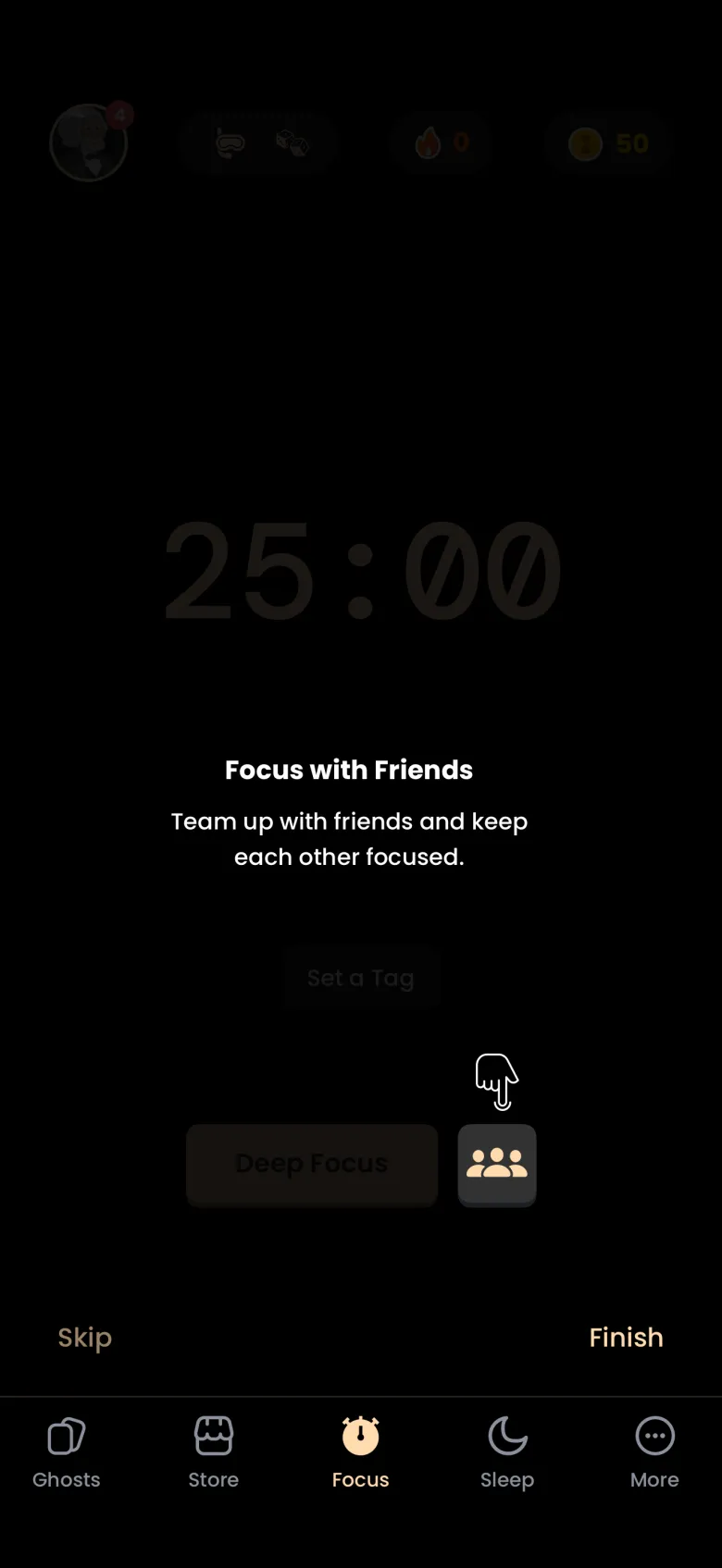 Dimmed Focus tab with a hand pointer above the group button and the caption Focus with Friends: Team up with friends and keep each other focused, with Skip and Finish buttons.
