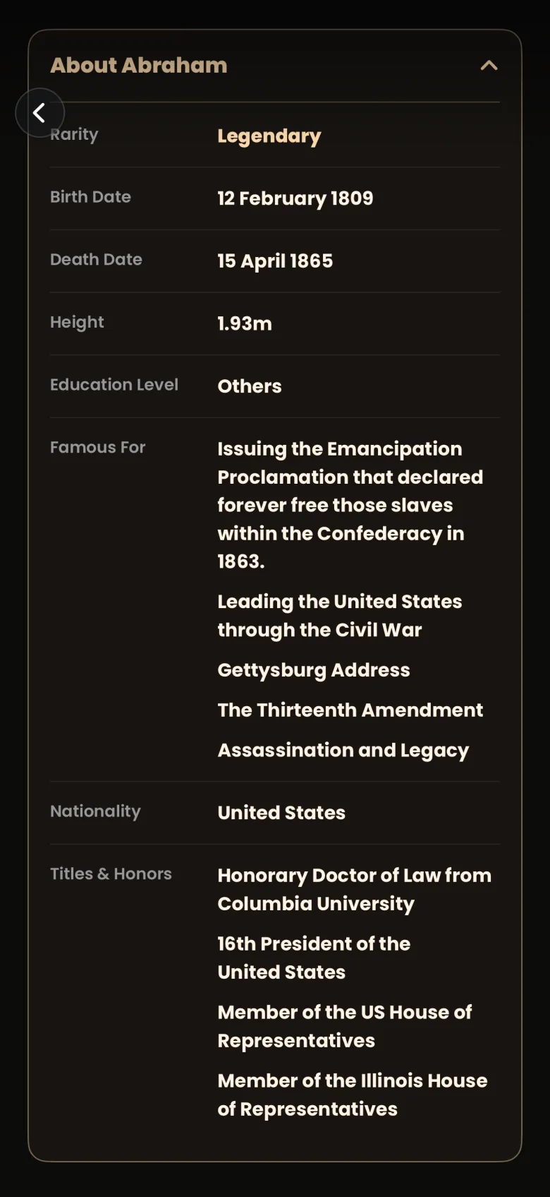Expanded About Abraham panel listing Rarity Legendary, Birth Date 12 February 1809, Death Date 15 April 1865, Height 1.93m, Education Level Others, a Famous For list beginning with the Emancipation Proclamation, Nationality United States and Titles and Honors.