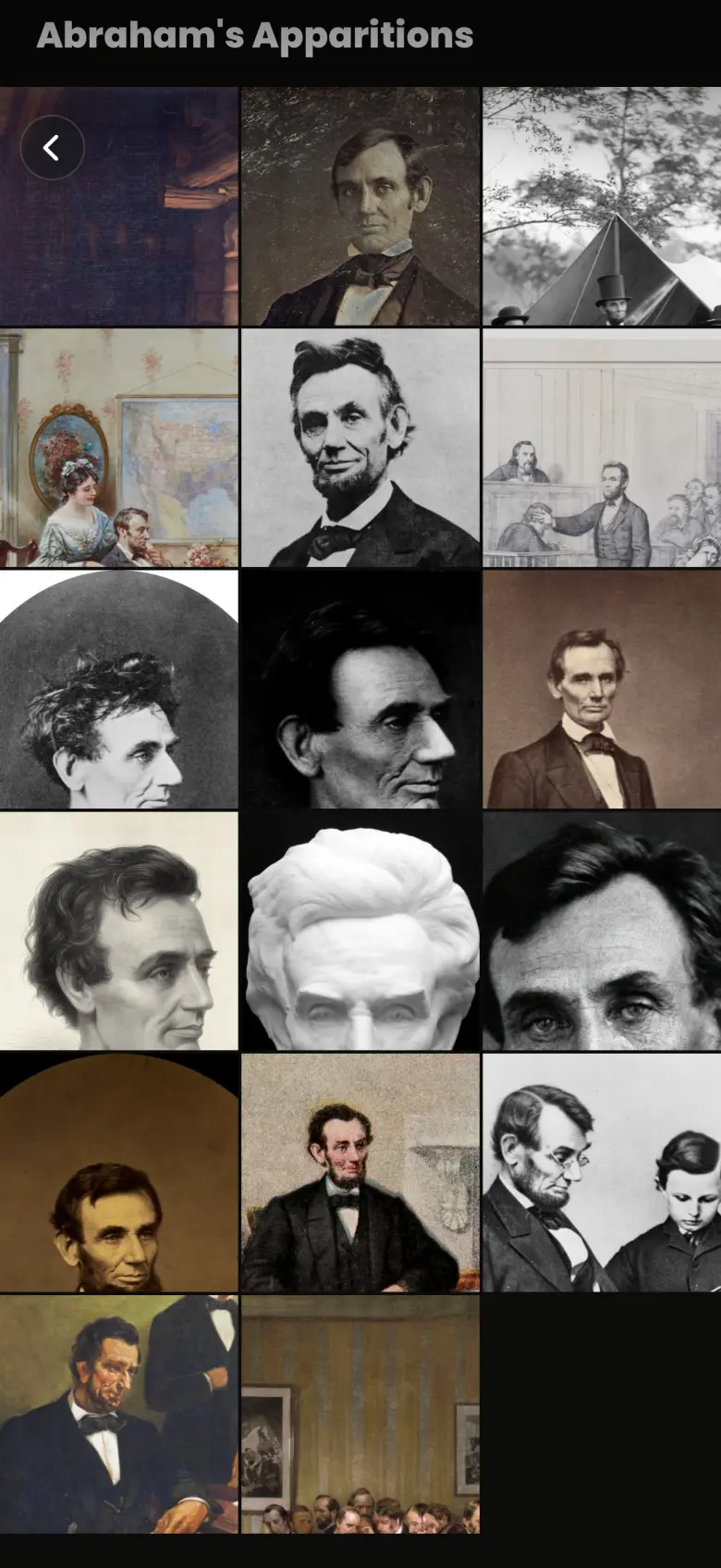 Three-column grid of seventeen Abraham Lincoln apparitions under the heading Abraham's Apparitions: photographs, engravings, paintings and a sculpture.