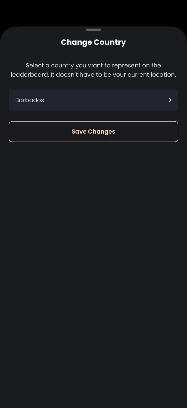 Change Country sheet with the text Select a country you want to represent on the leaderboard. It doesn't have to be your current location., a Barbados row with a chevron and a Save Changes button.