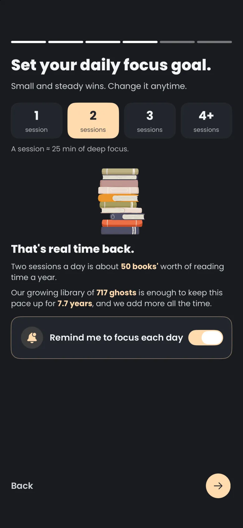Daily focus goal screen with a card reading Remind me to focus each day and its switch turned on.