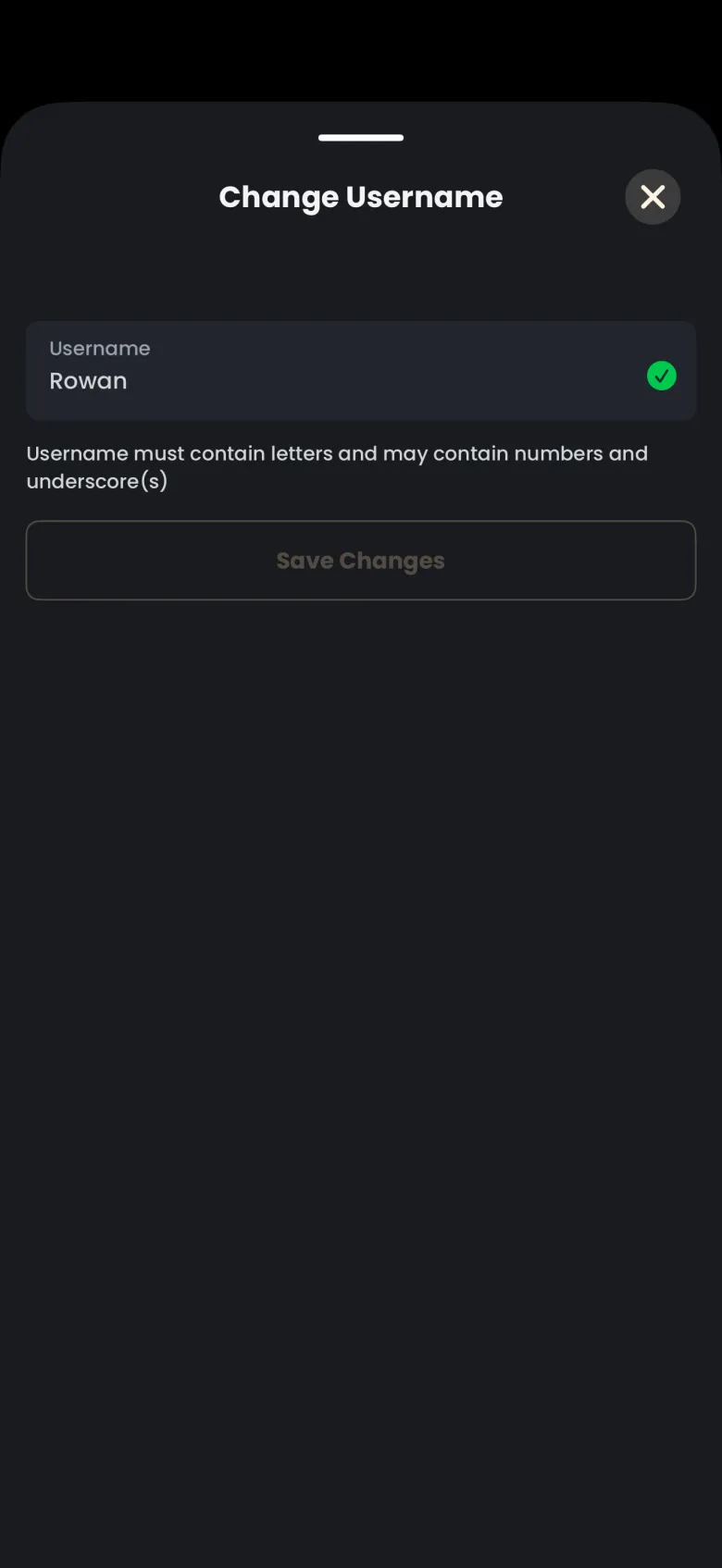 Change Username sheet with the username Rowan, a green check mark, the rule that usernames must contain letters and may contain numbers and underscores, and a dimmed Save Changes button.