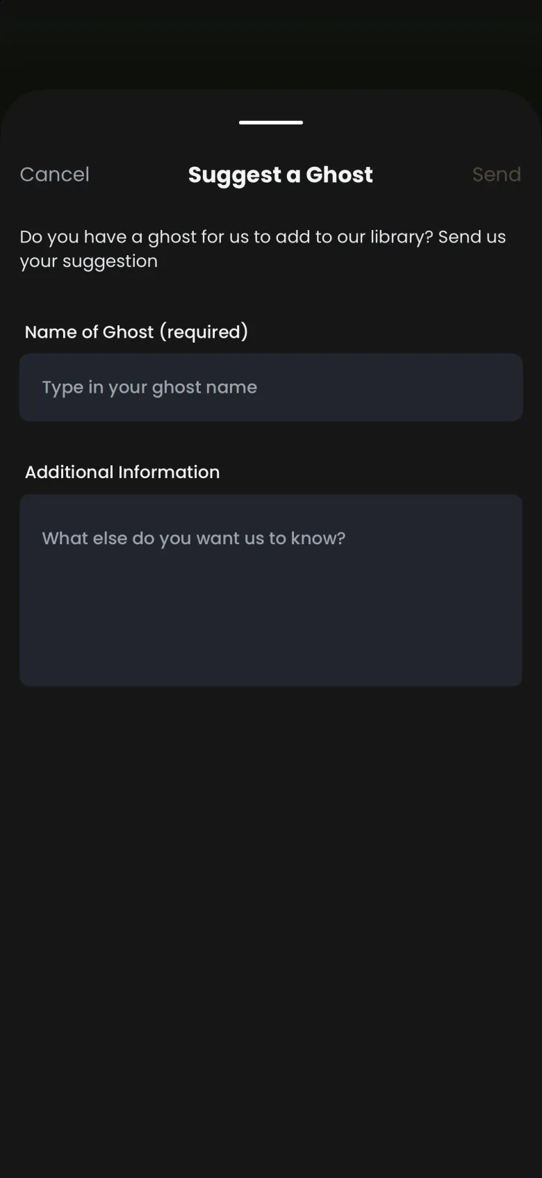 Suggest a Ghost form with a required Name of Ghost field, an optional Additional Information box, Cancel at the top left and a dimmed Send at the top right.