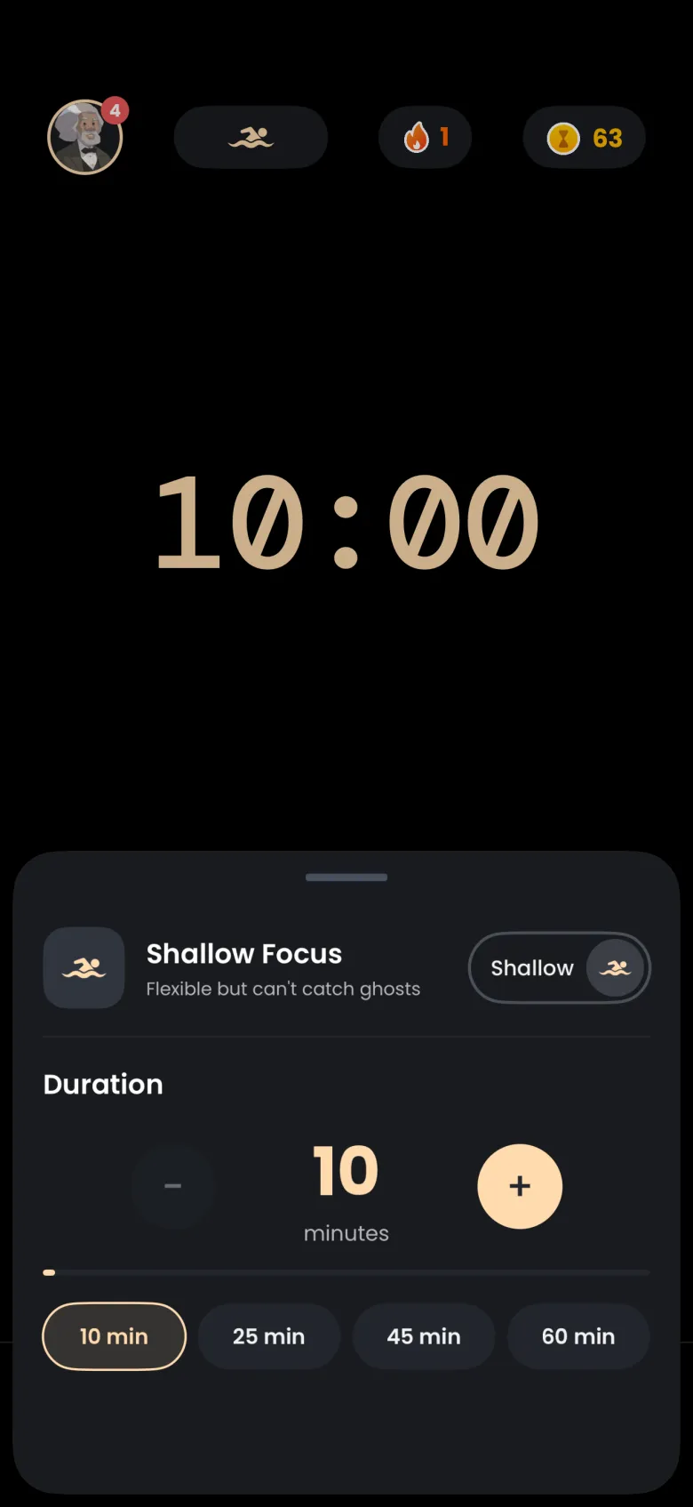 Focus settings sheet for Shallow Focus, described as Flexible but can not catch ghosts, with a duration of 10 minutes and preset chips 10, 25, 45 and 60 minutes with 10 min selected, over a Focus tab showing 10:00.
