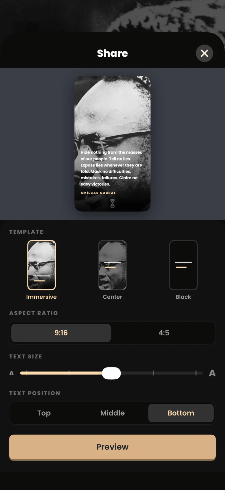 The Share editor with a preview card of a quote over a black and white photograph, three templates named Immersive, Center and Black, aspect ratios 9:16 and 4:5, a text size slider, Top, Middle and Bottom text positions and a Preview button.
