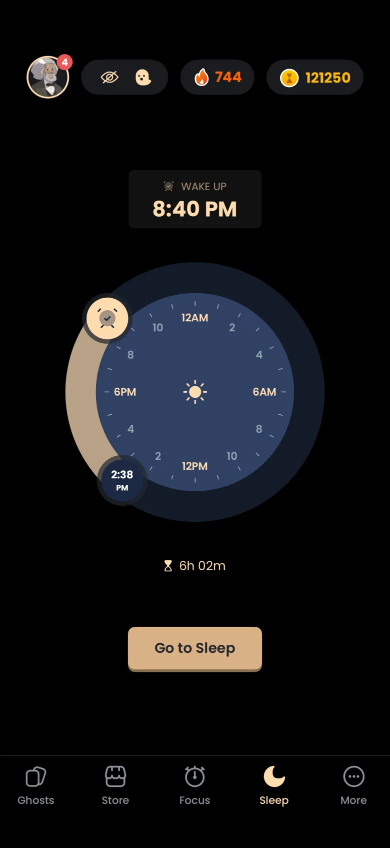 The Sleep tab with a WAKE UP card above a round 24 hour dial, a small handle showing the current time, a gold alarm-clock handle marking the wake-up time, a duration line and a Go to Sleep button.