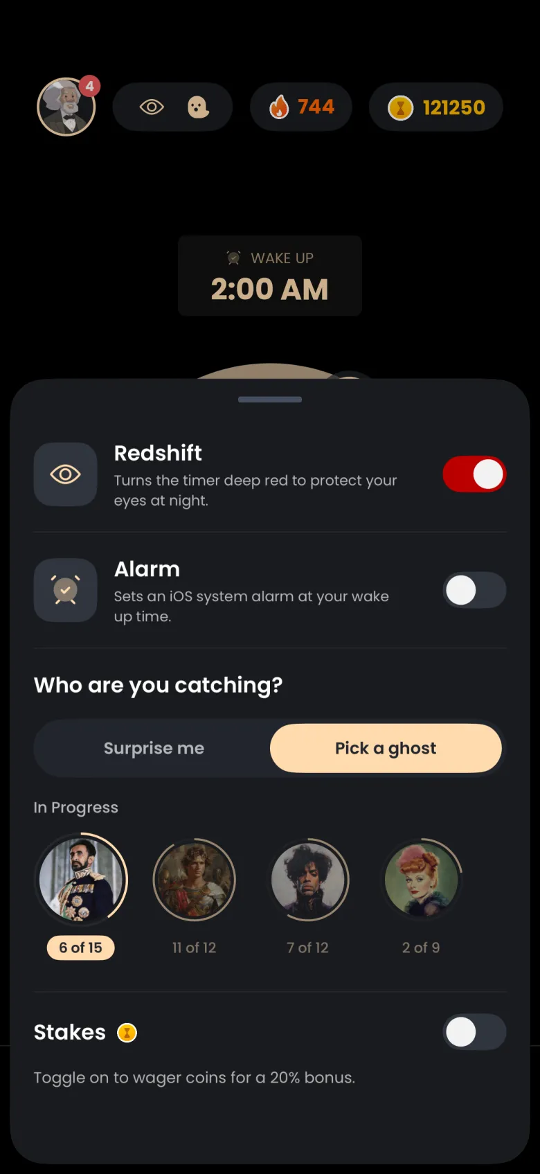 The sleep settings sheet with the Redshift switch on in red and the Alarm switch off, and the eye icon in the pill at the top now open.
