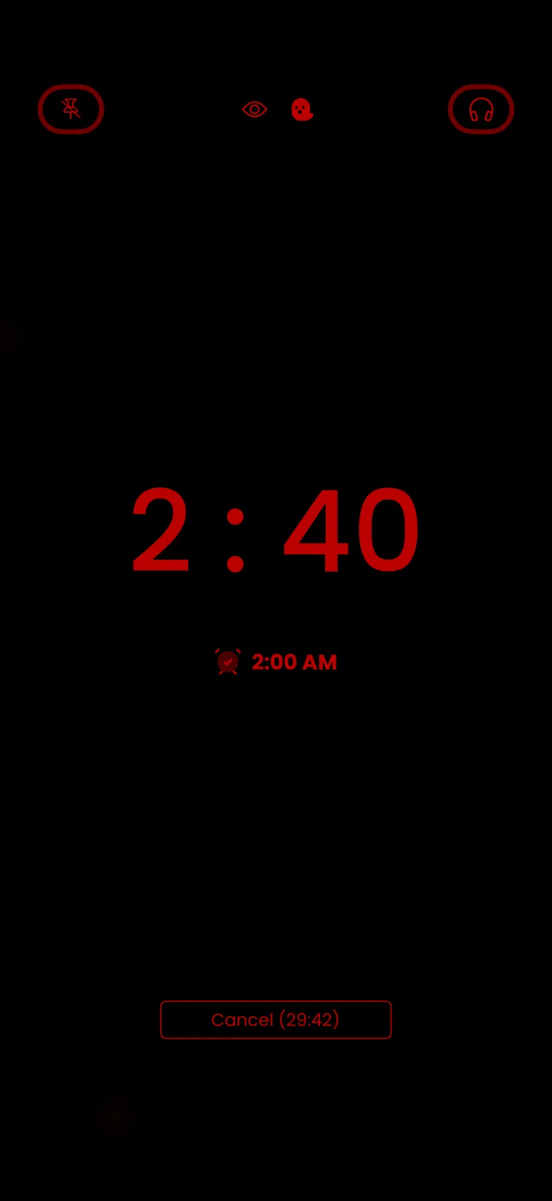 The running Sleep screen in deep red on black, with a large clock, a wake-up time beside an alarm icon, pin and headphones buttons at the top and a Cancel button with a countdown near the bottom.