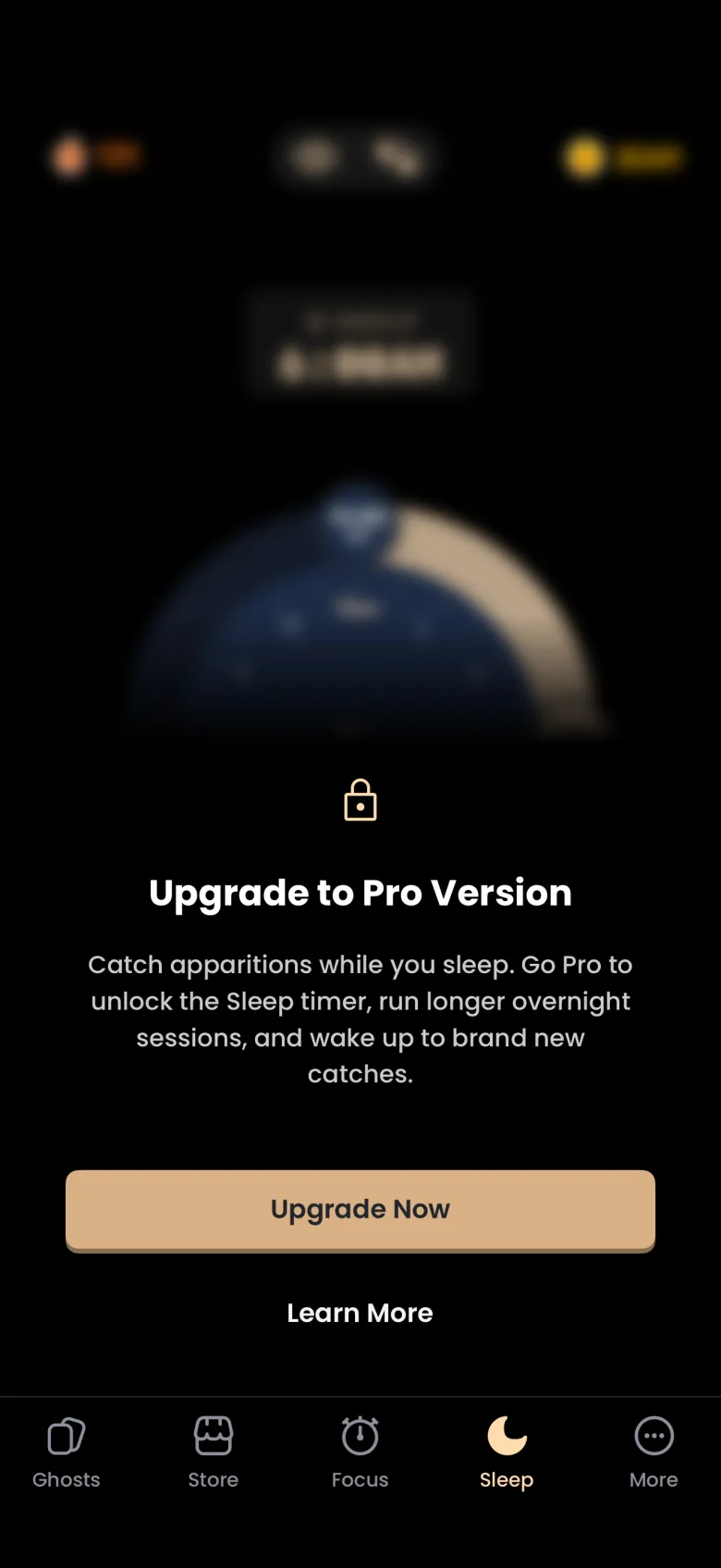 A blurred Sleep tab behind a padlock and the heading Upgrade to Pro Version, with a line about catching apparitions while you sleep, an Upgrade Now button and a Learn More link.