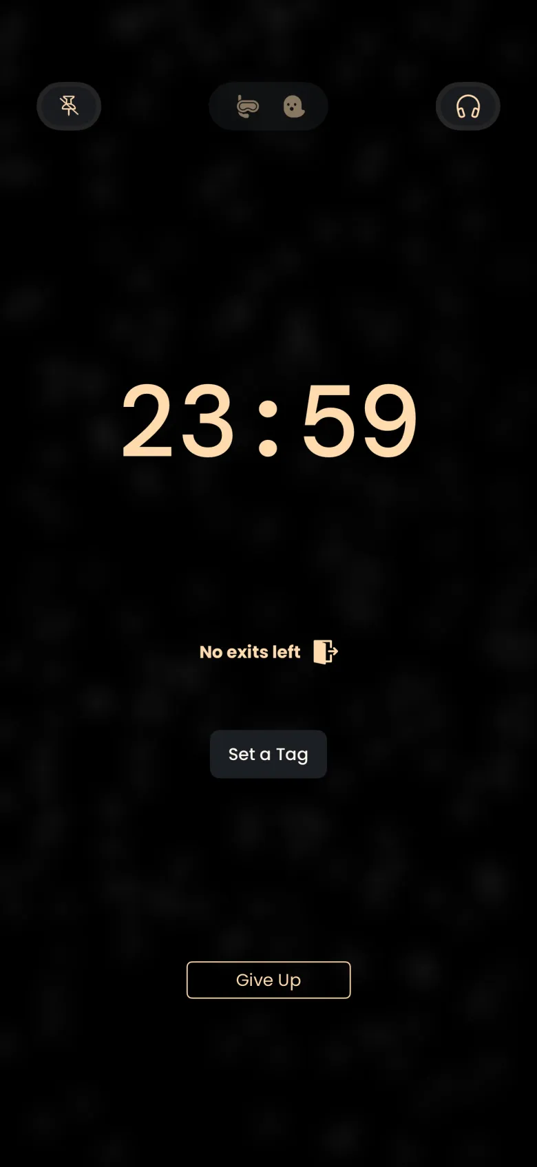 The running timer showing 23:59 with the badge now reading No exits left, a Set a Tag button and an end-session button.