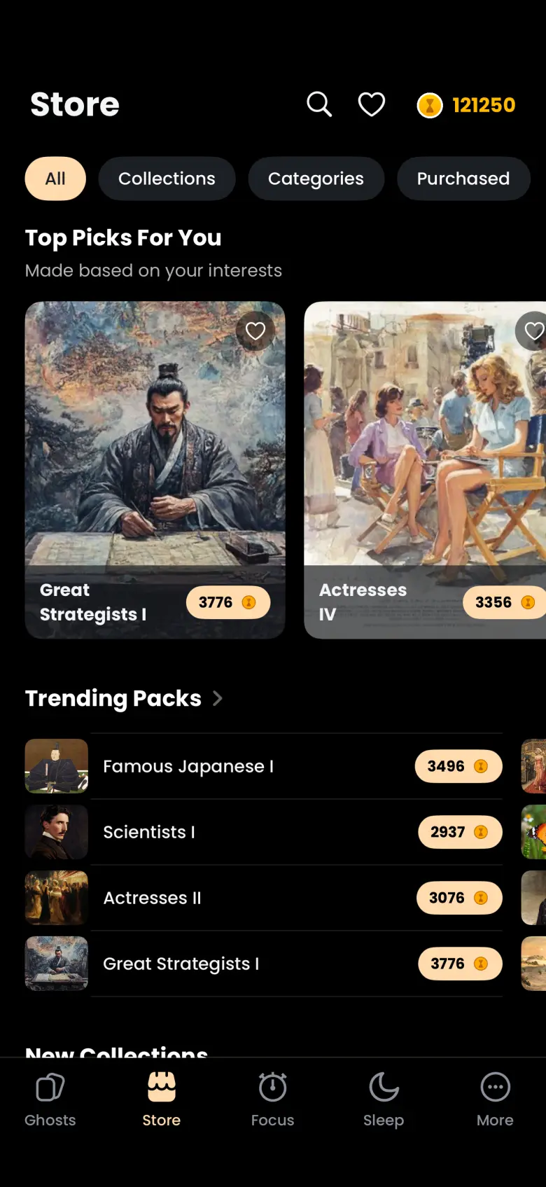 Store screen with All selected beside Collections, Categories and Purchased filters, a Top Picks For You row of large pack cards, Great Strategists I at 3776 coins and Actresses IV at 3356 coins, a Trending Packs list below, and the coin balance 121250 in the header.