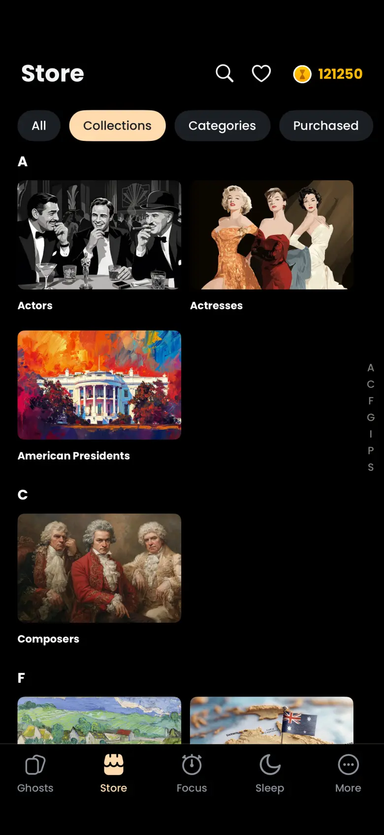 Store with the Collections filter selected, showing collection tiles under letter headers A, C and F, including Actors, Actresses, American Presidents and Composers, and an A to Z index on the right.