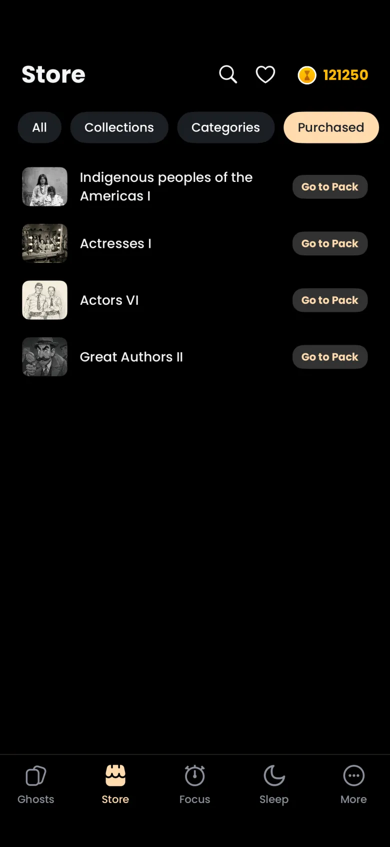 Store with the Purchased filter selected, listing four owned packs, Indigenous peoples of the Americas I, Actresses I, Actors VI and Great Authors II, each with a Go to Pack button.