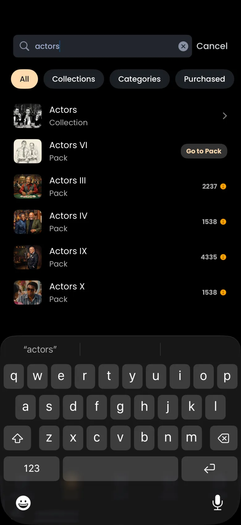 Store search for actors showing the Actors collection and several Actors packs, with a Go to Pack button on Actors VI, which is already owned, above the keyboard.